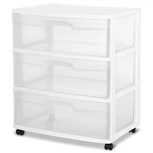 Sterilite 29308001 Home 3 Drawer Wide Storage Cart Portable Clear Container with Adjustable Casters for Home Organization and Storage, (2 Pack)