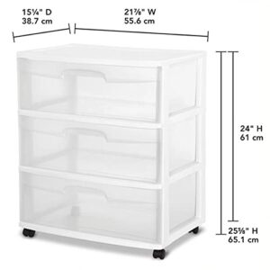 Sterilite 29308001 Home 3 Drawer Wide Storage Cart Portable Clear Container with Adjustable Casters for Home Organization and Storage, (2 Pack)