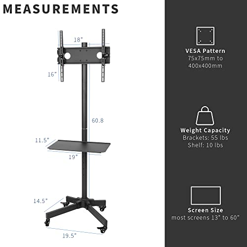 VIVO Mobile TV Cart for 13-60 inch Screens up to 55 lbs, LCD LED OLED 4K Smart Flat and Curved Panels, Rolling Stand, Laptop DVD Shelf, Locking Wheels, Max VESA 400x400, Black, STAND-TV04M