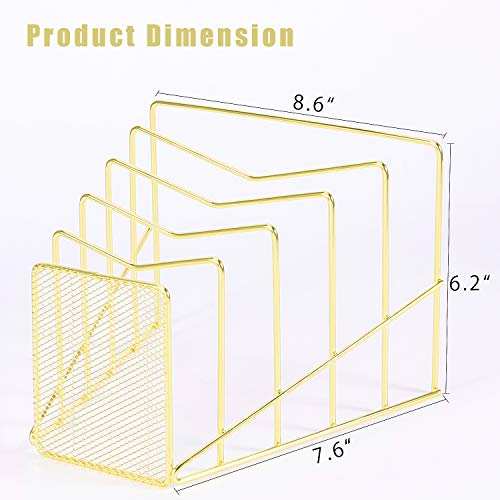 Z PLINRISE Incline File Sorter, Wire Magazine Holder Rack for Mails, Folders and Books, Desk Paper Storage Organizer for Home and Office, 5 Sections, Gold