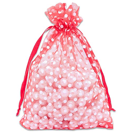 TheDisplayGuys 100-Pack 4x6 Sheer Organza Gift Bags with Drawstring (Medium) - Polka Dot (Red/White) - for Wedding Party Favors, Jewelry, Candy, Treats Mesh Pouch