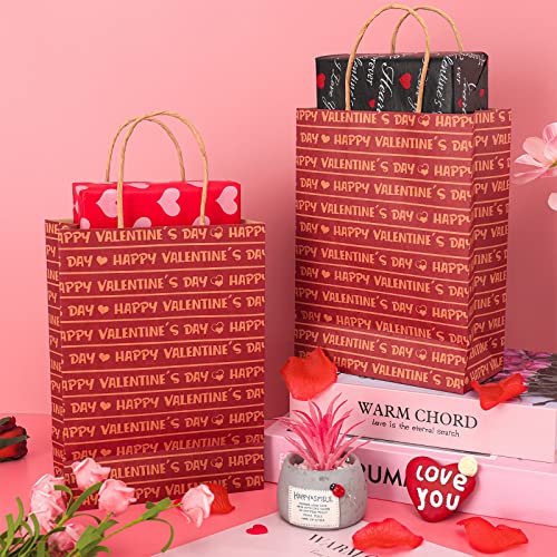 Whaline 16Pcs Happy Valentine's Day Kraft Gift Paper Goody Bags with Handles Retro Red Party Favor Bags Sweet Love Theme Party Treat Goodie Candy Bags for Valentines Day Wedding Supplies