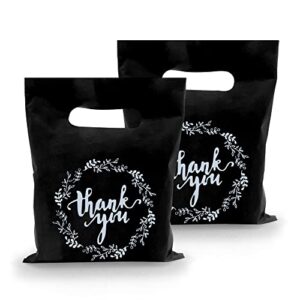 kdpatfav 70 pcs 9″ x 12″ plastic merchandise bags shopping bags with thank you logo boutique bags with handles for birthday party baby shower wedding trade shows and more (black)