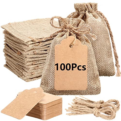 Kenning 100 Pcs Burlap Bags with Gift Tags & String, 3.5 x 5 Inches Small Sacks, Drawstring Bags, Jewelry Pouches, Reusable Linen Sacks Bag for Christmas Wedding Party Favor Wrapping Bulk