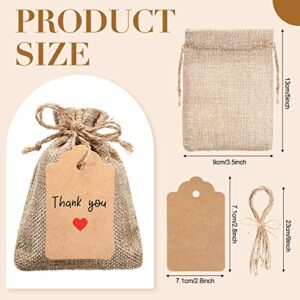 Kenning 100 Pcs Burlap Bags with Gift Tags & String, 3.5 x 5 Inches Small Sacks, Drawstring Bags, Jewelry Pouches, Reusable Linen Sacks Bag for Christmas Wedding Party Favor Wrapping Bulk