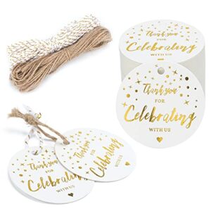 100pcs thank you for celebrating with us tags,white high-end paper round favors labels with string,personalized gift tags for baby shower,wedding,bridal shower,and gift wrapping（1.97″x1.97″)
