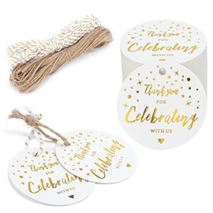 100PCS Thank You for Celebrating with US Tags,White High-end Paper Round Favors Labels with String,Personalized Gift Tags for Baby Shower,Wedding,Bridal Shower,and Gift Wrapping（1.97"x1.97")