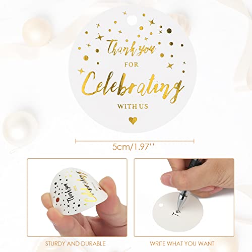 100PCS Thank You for Celebrating with US Tags,White High-end Paper Round Favors Labels with String,Personalized Gift Tags for Baby Shower,Wedding,Bridal Shower,and Gift Wrapping（1.97"x1.97")