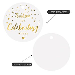 100PCS Thank You for Celebrating with US Tags,White High-end Paper Round Favors Labels with String,Personalized Gift Tags for Baby Shower,Wedding,Bridal Shower,and Gift Wrapping（1.97"x1.97")