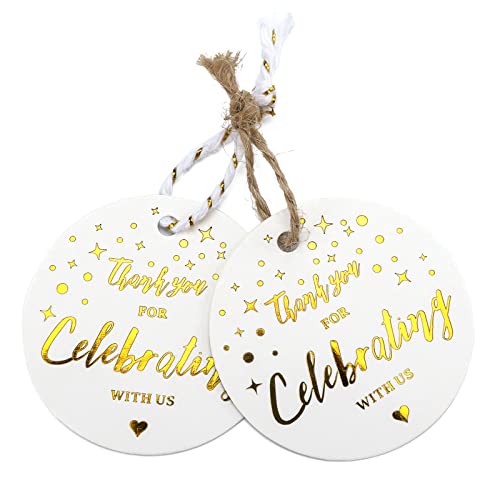 100PCS Thank You for Celebrating with US Tags,White High-end Paper Round Favors Labels with String,Personalized Gift Tags for Baby Shower,Wedding,Bridal Shower,and Gift Wrapping（1.97"x1.97")