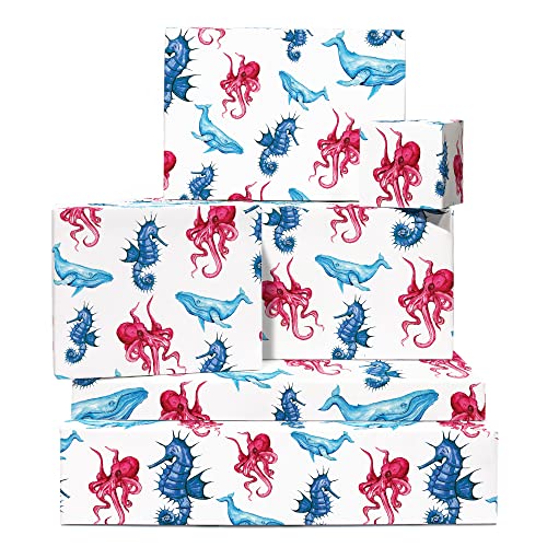 Animal Wrapping Paper for Kids - 6 Sheets of Gift Wrap with Tags - Whale Seahorse Octopus - White Wrapping Paper for Girls and Boys - Sea Creatures - Comes with Stickers - Recyclable - Central 23