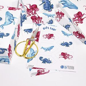 Animal Wrapping Paper for Kids - 6 Sheets of Gift Wrap with Tags - Whale Seahorse Octopus - White Wrapping Paper for Girls and Boys - Sea Creatures - Comes with Stickers - Recyclable - Central 23