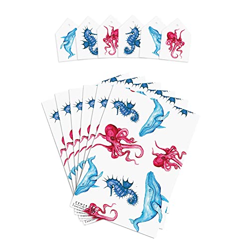 Animal Wrapping Paper for Kids - 6 Sheets of Gift Wrap with Tags - Whale Seahorse Octopus - White Wrapping Paper for Girls and Boys - Sea Creatures - Comes with Stickers - Recyclable - Central 23