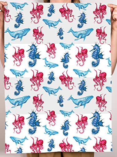 Animal Wrapping Paper for Kids - 6 Sheets of Gift Wrap with Tags - Whale Seahorse Octopus - White Wrapping Paper for Girls and Boys - Sea Creatures - Comes with Stickers - Recyclable - Central 23