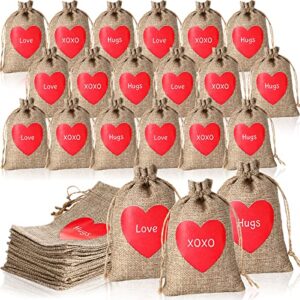 crtiin 24 pieces valentine heart burlap bags valentine’s gift bag gift candy drawstring bags pouch linen gift pockets for valentines party favors treat goodie bags (letter style)