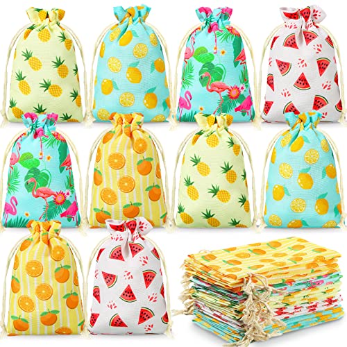 20 Pcs Luau Gift Bags with Drawstring Hawaiian Party Favor Bags Summer Fruit Canvas Bags Pineapple Candy Treat Bags Small Jewelry Pouches for Luau Party Birthday Wedding Supplies (5 x 7 Inch)