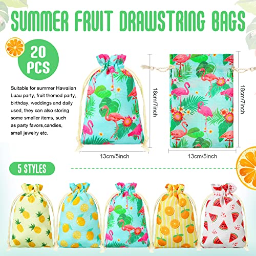 20 Pcs Luau Gift Bags with Drawstring Hawaiian Party Favor Bags Summer Fruit Canvas Bags Pineapple Candy Treat Bags Small Jewelry Pouches for Luau Party Birthday Wedding Supplies (5 x 7 Inch)