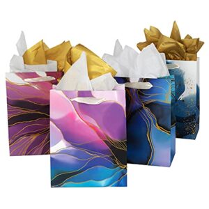 homeadow bags – 4 pcs assorted gift bags, medium size (9″x7″) – assorted with 4 different designs, laminated cardboard, gold foil, includes 8 tissue papers – golden blossom