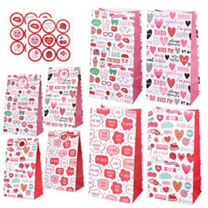 howaf valentines gift bags party favors -12 pcs valentine paper bags+18 pcs valentine stickers, 2 patterns valentine treat bags valentine goodies bags for wrapped gifts party supplies decoration