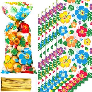100 hibiscus cello bag tiki party supply aloha luau party decorations, hibiscus goody bags candy cellophane bag treat bags for hawaii party summer table setting