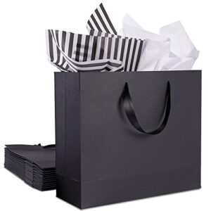 12 pack black gift bags with ribbon handles, large gift bags with tissue paper, black kraft paper gift bags for shopping, small business, bridal party, wedding, christmas and holiday (12.5” x4.5” x11”)