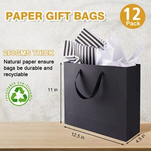 12 Pack Black Gift Bags with Ribbon Handles, Large Gift Bags with Tissue Paper, Black Kraft Paper Gift Bags for Shopping, Small Business, Bridal Party, Wedding, Christmas and Holiday (12.5” x4.5” x11”)