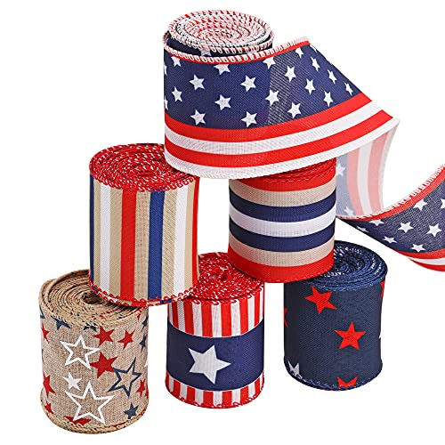 6 Rolls Patriotic Burlap Ribbon Star Stripe Wired Edge Ribbons USA Flag Red White Blue Decorative Ribbon for 4th of July Independence Day Farmhouse Decor Gift Wrapping DIY Crafts, 2.5” x 5 Yards