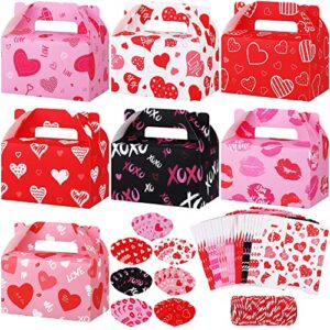 mimind 28 pack valentine day treat boxes with heart tags and twine 7 styles valentines heart print cookie boxes party favor boxes for valentines day wedding birthday party supplies decorations