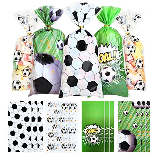 Kesote Soccer Cellophane Treat Bags, 100 Pieces Soccer Gift Goodie Candy Bags with Ties for Soccer Birthday Party Favors Supplies