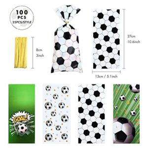 Kesote Soccer Cellophane Treat Bags, 100 Pieces Soccer Gift Goodie Candy Bags with Ties for Soccer Birthday Party Favors Supplies