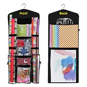 propik hanging double sided wrapping paper storage organizer with multiple pockets organize your gift wrap, gift bags bows ribbons 40″x17″ fits 40 inch rolls clear pvc bag (black)