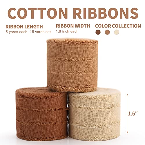 Keypan Brown Ribbon for Gift Wrapping, Handmade Fringe Ribbons for Crafts Bridal Bouquets Wedding Invitation Decorations Cotton 3 Rolls 1.6" x 5 Yards