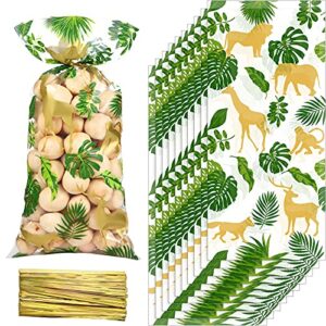 100 pieces jungle animal cellophane treat bags, green gold safari animal palm leaves plastic candy goodie bags with 100 gold twist ties for wild one safari baby shower birthday party favors