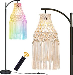 qiyizm boho floor lamp for living room bedroom,bohemian standing lamp with control and dimmable rgb bulb,farmhouse adjustable floor light,macrame fringe lamp shades,modern arc tall lamp（colorful bulb）