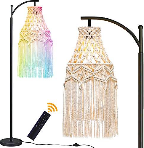 QIYIZM Boho Floor Lamp for Living Room Bedroom,Bohemian Standing Lamp with Control and Dimmable RGB Bulb,Farmhouse Adjustable Floor Light,Macrame Fringe Lamp Shades,Modern Arc Tall Lamp（Colorful Bulb）