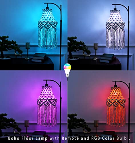 QIYIZM Boho Floor Lamp for Living Room Bedroom,Bohemian Standing Lamp with Control and Dimmable RGB Bulb,Farmhouse Adjustable Floor Light,Macrame Fringe Lamp Shades,Modern Arc Tall Lamp（Colorful Bulb）