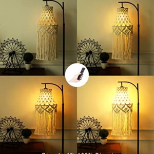 QIYIZM Boho Floor Lamp for Living Room Bedroom,Bohemian Standing Lamp with Control and Dimmable RGB Bulb,Farmhouse Adjustable Floor Light,Macrame Fringe Lamp Shades,Modern Arc Tall Lamp（Colorful Bulb）