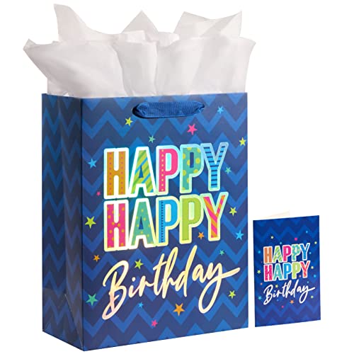 SUNCOLOR 13" Large Happy Birthday Gift Bag with Card and Tissue Paper (Blue Happy Happy Birthday)