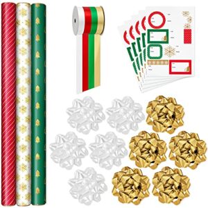 hallmark red, green, gold christmas wrapping paper set (90 sq. ft. ttl, 10 bows, 4 ribbon colors, 40 gift tag stickers) stripes, snowflakes, trees