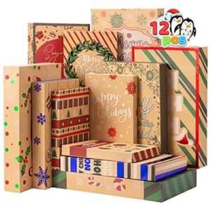 joyin 12 pcs christmas aluminum foil kraft paper gift 3 sizes boxes with base, xmas shirt wrap box, holiday present box for birthday party favors decorations gift-giving, 12 design