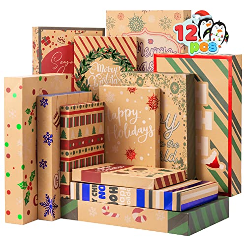 JOYIN 12 Pcs Christmas Aluminum Foil Kraft Paper Gift 3 sizes Boxes with Base, Xmas Shirt Wrap Box, Holiday Present Box for Birthday Party Favors Decorations Gift-Giving, 12 Design