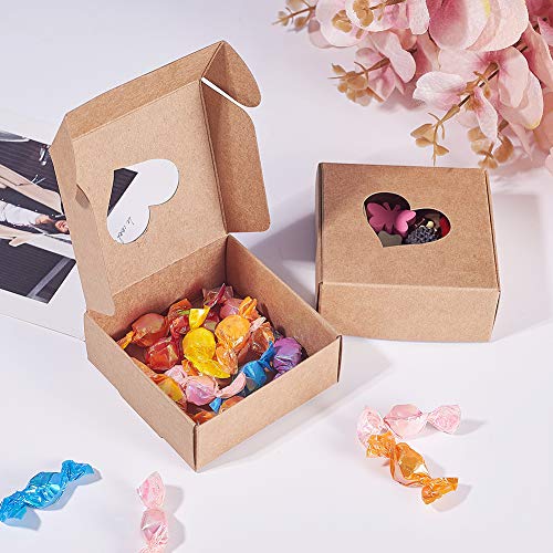 BENECREAT 30 Packs Kraft Paper Boxes with Heart Shape Hole (No Film) 3x3x1.2 Cardboard Gift Boxes for Wedding Party Favor Treats and Jewelry Packaging