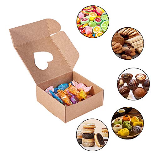 BENECREAT 30 Packs Kraft Paper Boxes with Heart Shape Hole (No Film) 3x3x1.2 Cardboard Gift Boxes for Wedding Party Favor Treats and Jewelry Packaging