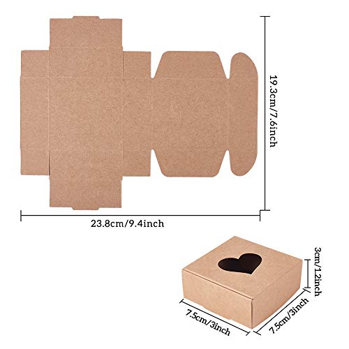 BENECREAT 30 Packs Kraft Paper Boxes with Heart Shape Hole (No Film) 3x3x1.2 Cardboard Gift Boxes for Wedding Party Favor Treats and Jewelry Packaging