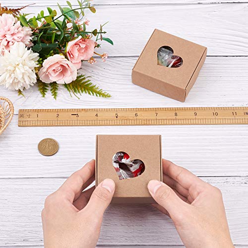 BENECREAT 30 Packs Kraft Paper Boxes with Heart Shape Hole (No Film) 3x3x1.2 Cardboard Gift Boxes for Wedding Party Favor Treats and Jewelry Packaging