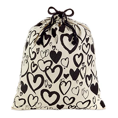 Hallmark 19" Large Canvas Bag with Drawstring (Ivory with Black Hearts) for Valentines Day, Weddings, Bridal Showers, Anniversary and More