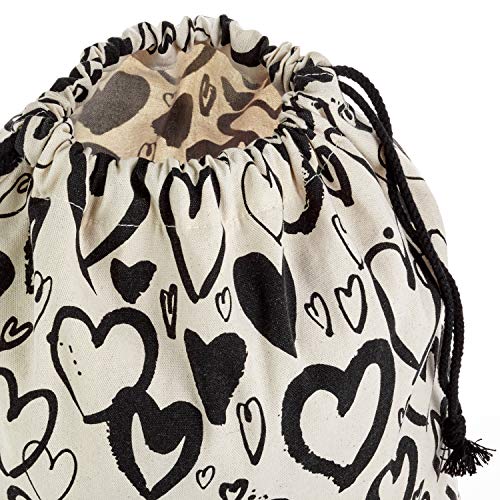 Hallmark 19" Large Canvas Bag with Drawstring (Ivory with Black Hearts) for Valentines Day, Weddings, Bridal Showers, Anniversary and More