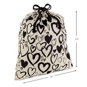Hallmark 19" Large Canvas Bag with Drawstring (Ivory with Black Hearts) for Valentines Day, Weddings, Bridal Showers, Anniversary and More