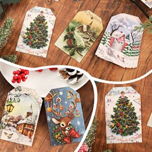 Whaline 120Pcs Christmas Gift Tags with 30m / 98.4ft Hemp Rope Vintage Seasonal Wishes Labels Holiday Season Gift and Favor Tags for Seasonal Favors Xmas Parties and Celebrations, 8 Styles