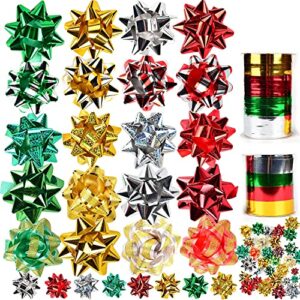 joyin 54 pcs christmas gift bows and gift ribbons with 46 multi-colored assorted size self adhesive gift bows and 8 rolls of curling ribbons for gift, present wrapping decoration